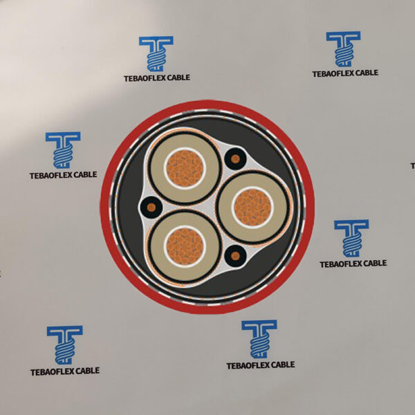 Cross section of (N)3GHSSYCY showing 3 power cores, 3 earth cores, steel wire armouring and PVC outer sheath