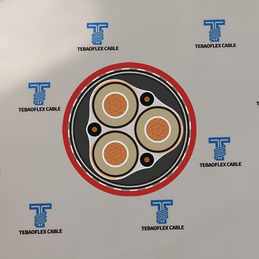 Cross section of (N)3GHSSYCY showing 3 power cores, 3 interstitial cores, steel wire armouring and PVC outer sheath