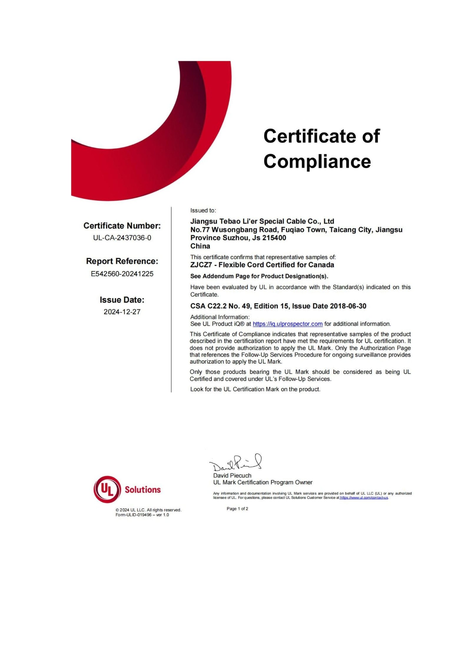 Tebaoflex-CUL-Certification