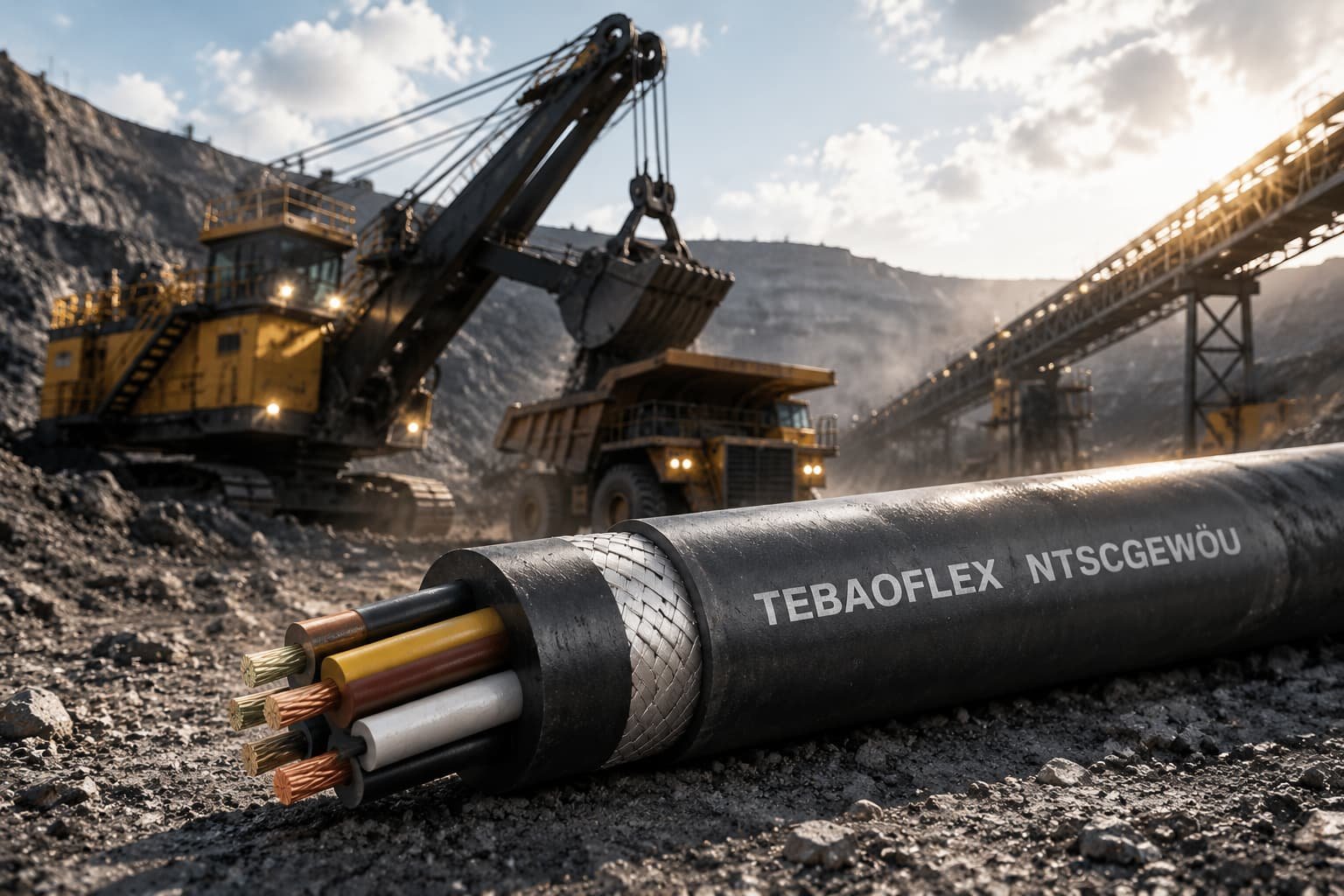 Open pit mining cable solution for heavy-duty flexible trailing applications
