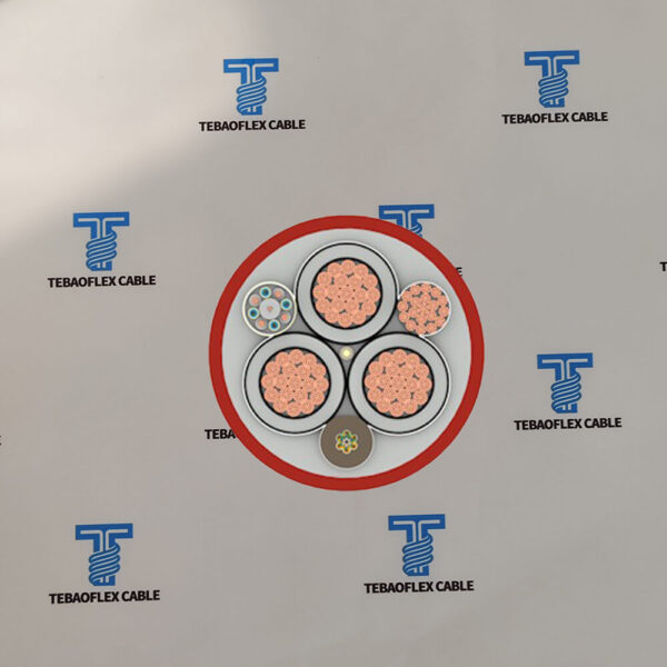 Cross section of (N)TSCGEWOEU LWL WR showing 3 power cores, 3 earth cores and integrated fibre optic elements