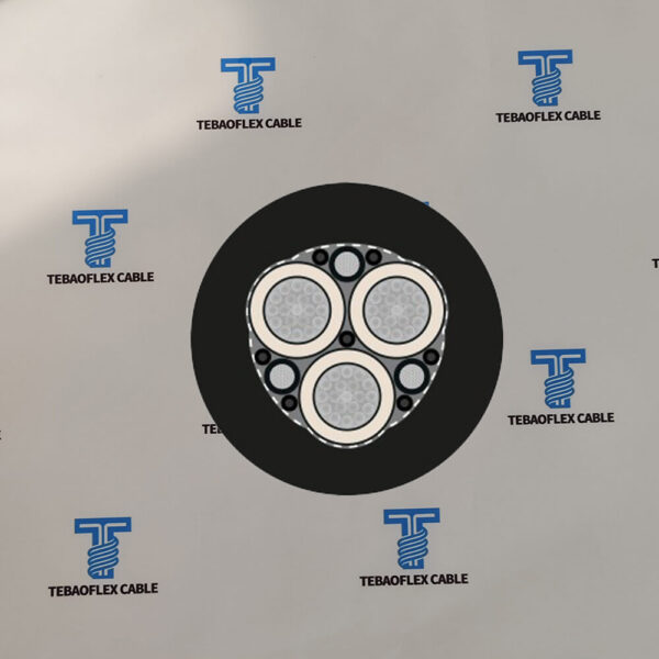 ntscgewoeu-tr-construction-3-power-3-earth-bonded-sheath Cross section of (N)TSCGEWOEU-TR showing 3 power cores, 3 earth cores and bonded 5GM5 sheath system