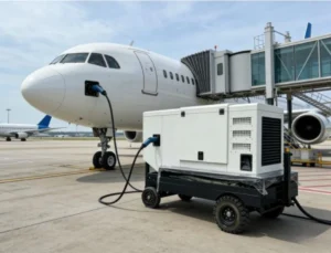 Aircraft ground power cable connecting a 400 Hz GPU to an aircraft on the apron