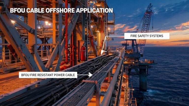 BFOU fire resistant cable applications on offshore oil and gas platform showing deck installation and fire safety systems