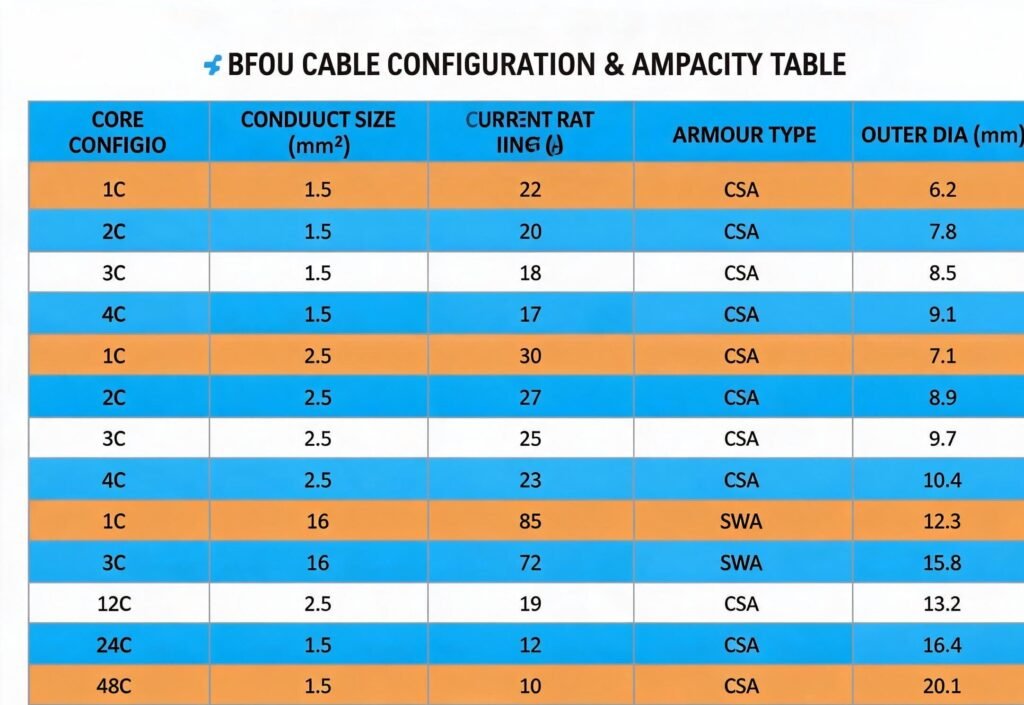BFOU cable configurations and ampacity table showing core count conductor size and current rating for offshore applications