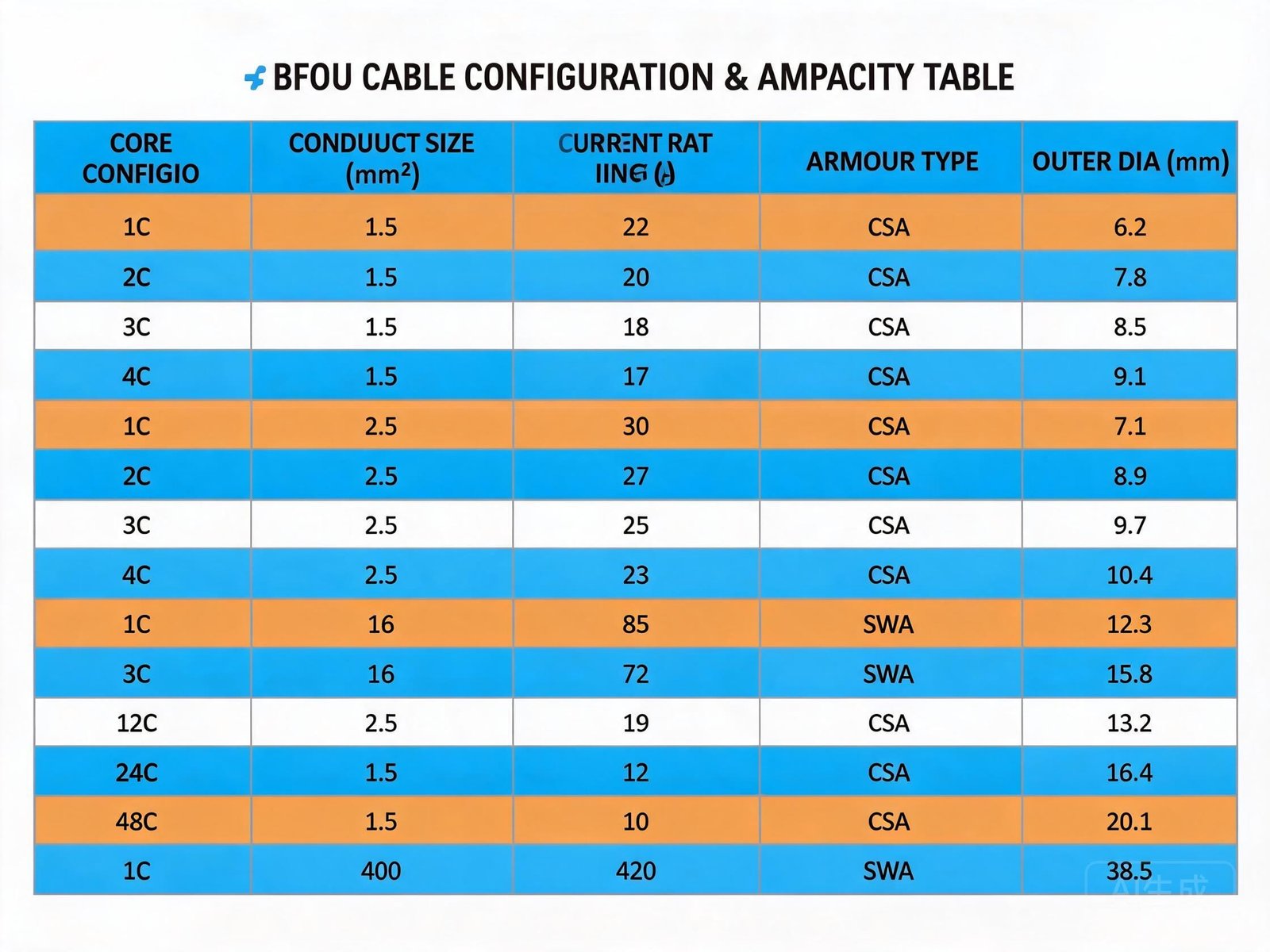 BFOU cable configurations and ampacity table showing core count conductor size and current rating for offshore applications