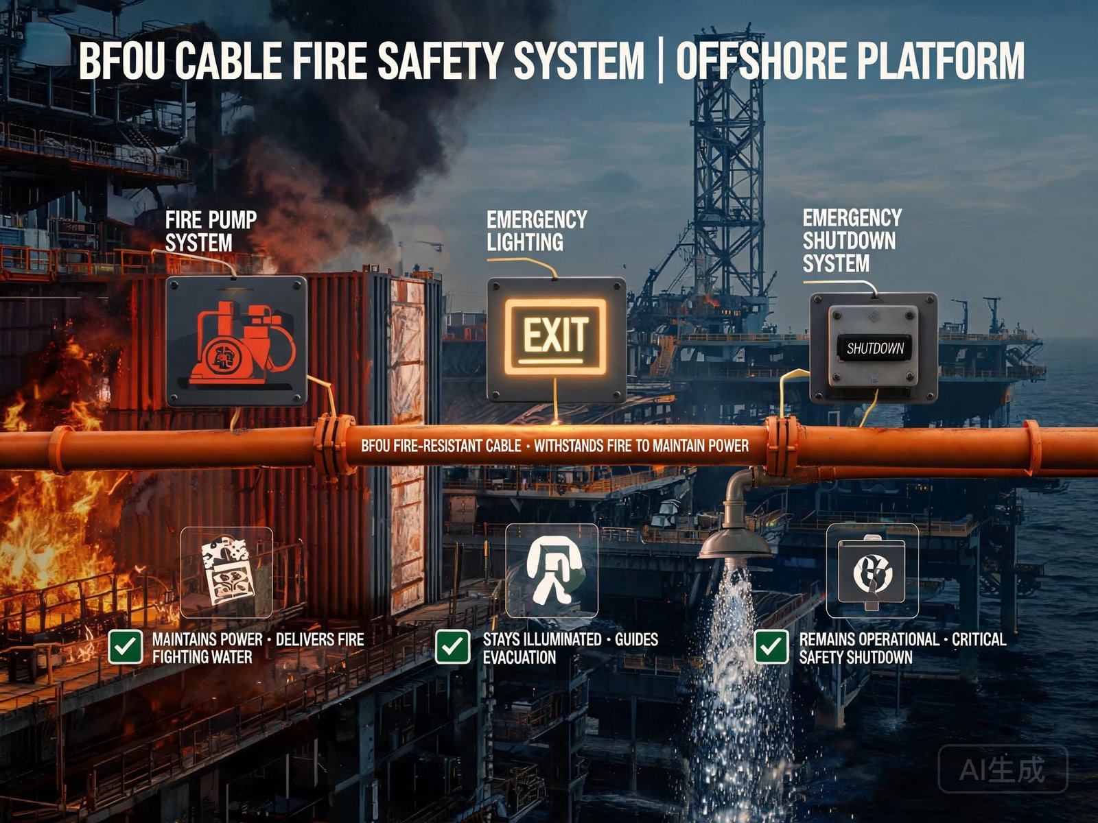 BFOU cable fire safety system maintaining power to fire pumps emergency lighting and shutdown systems during offshore fire event