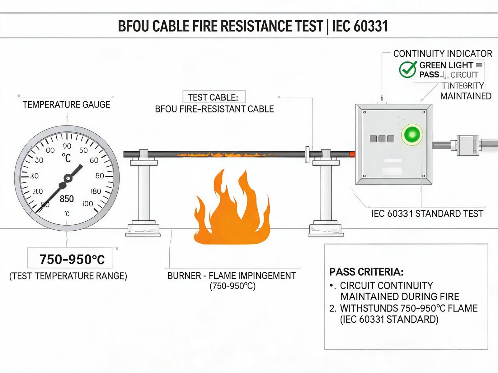 BFOU cable IEC 60331 fire resistance test showing cable maintaining circuit integrity during fire at 750-950 degrees Celsius