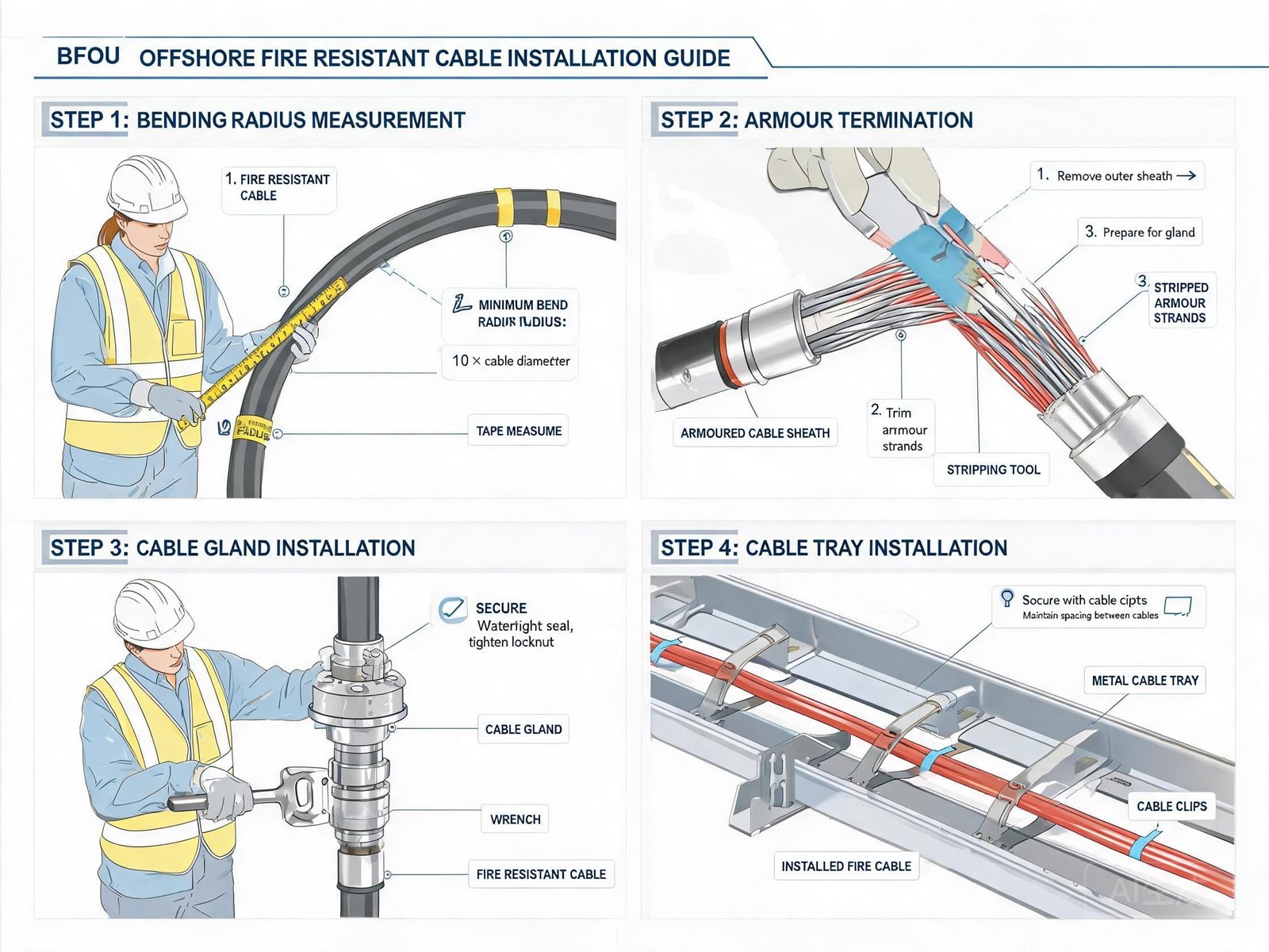 BFOU cable installation guide showing cable gland termination bending radius and cable tray installation on offshore platform
