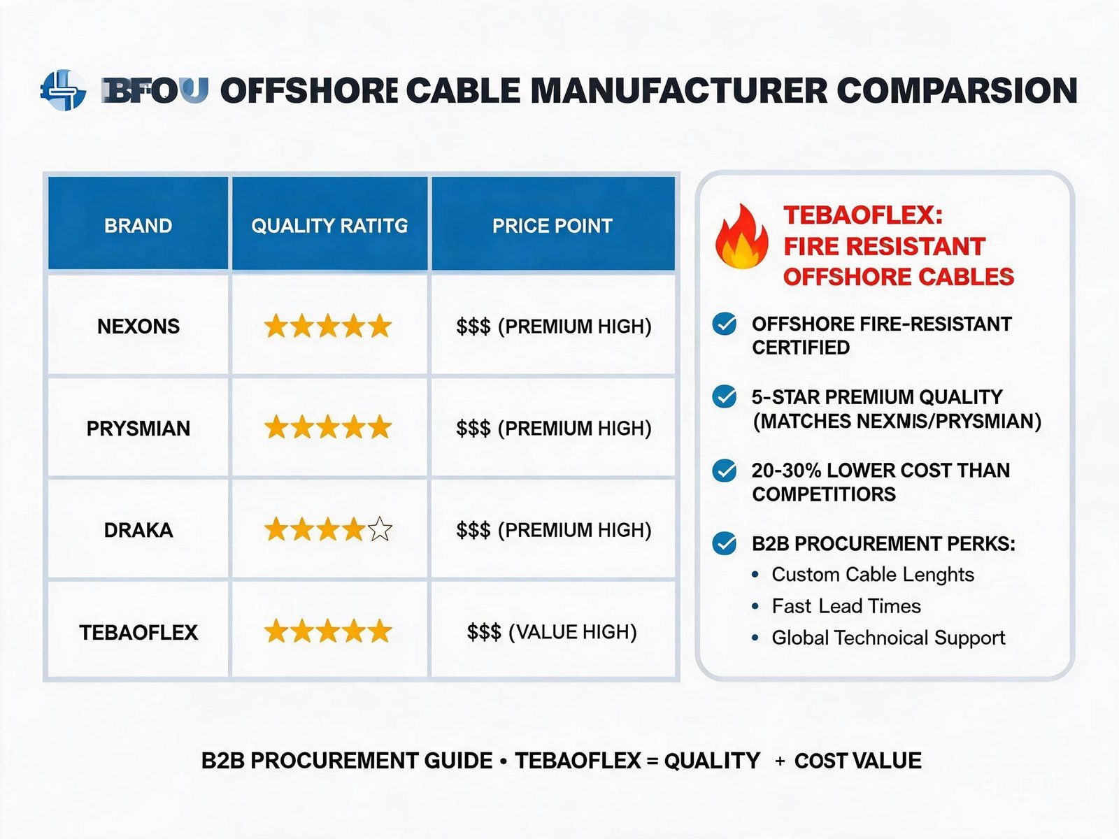 BFOU cable manufacturer brand comparison showing TEBAOFLEX positioning against international offshore cable brands
