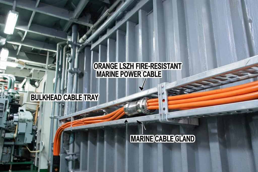 BFOU fire resistant power cable installed on ship deck and engine room with marine cable glands