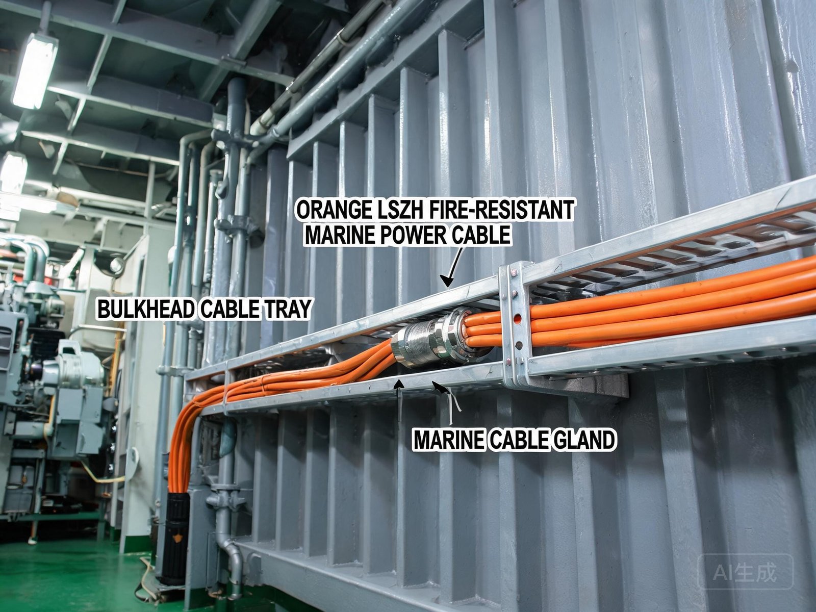 BFOU fire resistant power cable installed on ship deck and engine room with marine cable glands