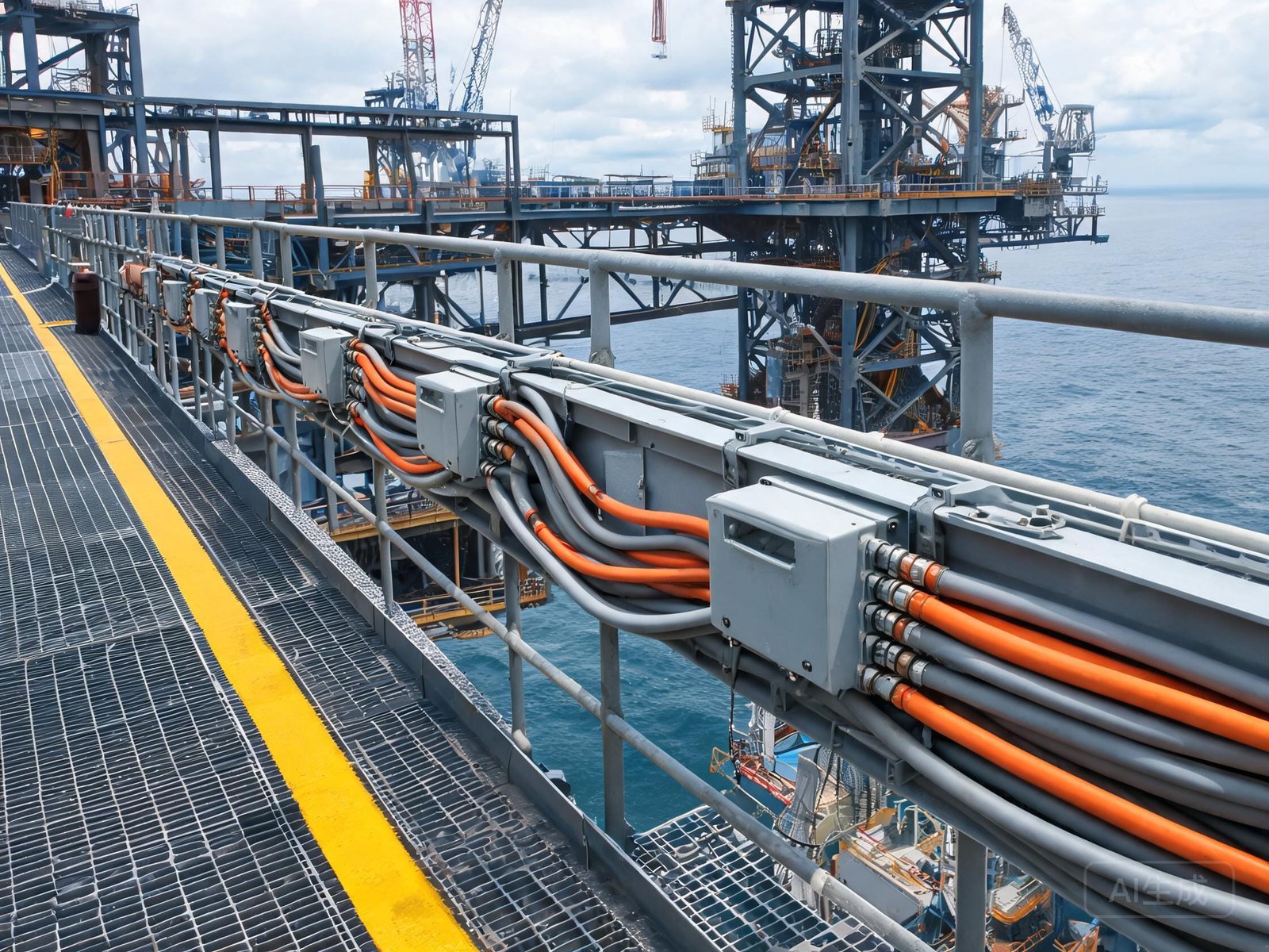 BFOU fire resistant cable installed in cable trays on offshore oil and gas platform deck