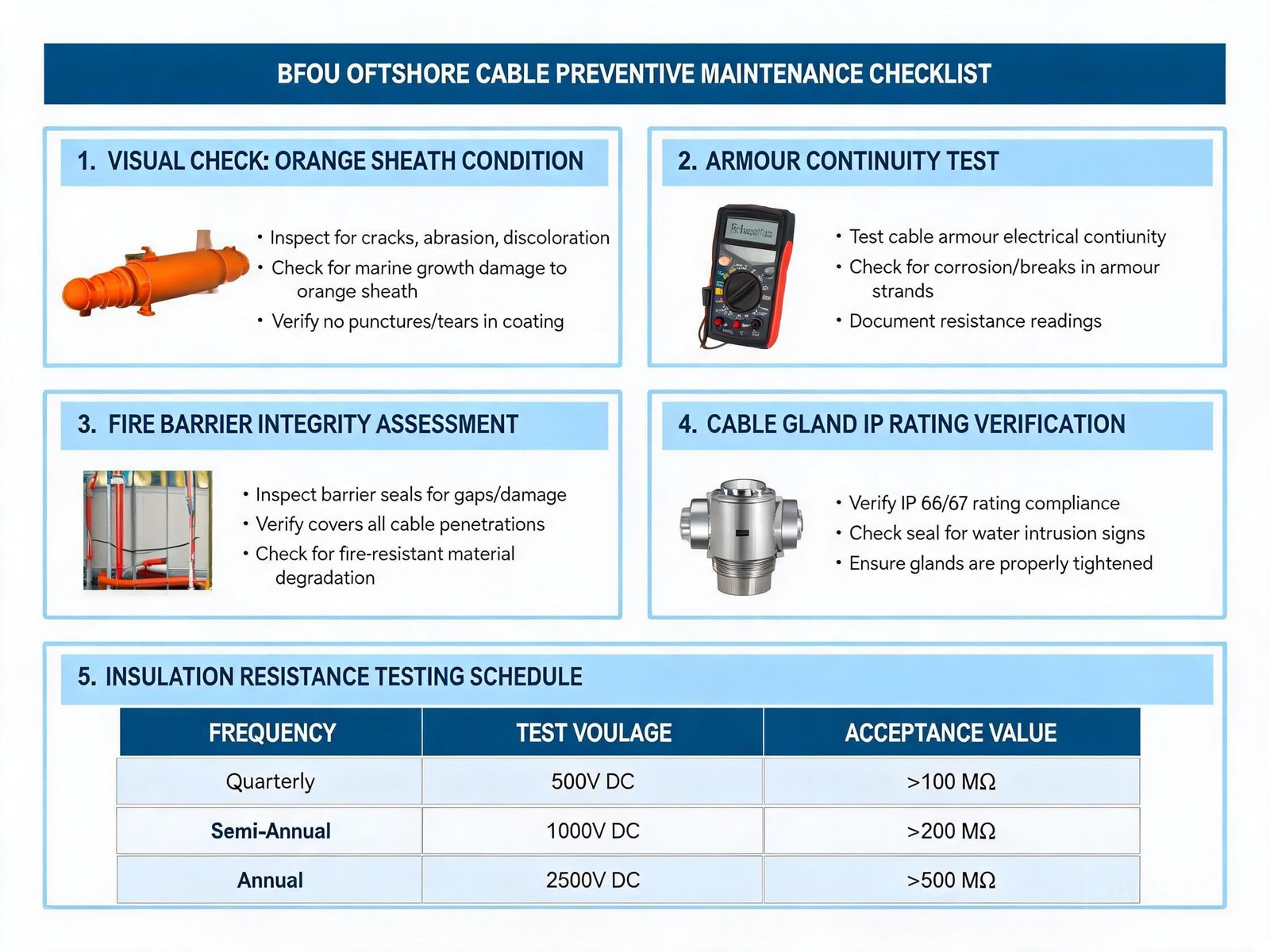 BFOU cable preventive maintenance checklist with offshore inspection points and testing schedule