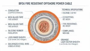 BFOU fire resistant offshore power cable specifications and technical datasheet showing construction cross-section with fire barrier layers