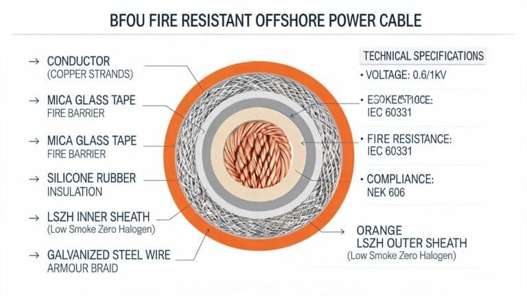 BFOU fire resistant offshore power cable specifications and technical datasheet showing construction cross-section with fire barrier layers