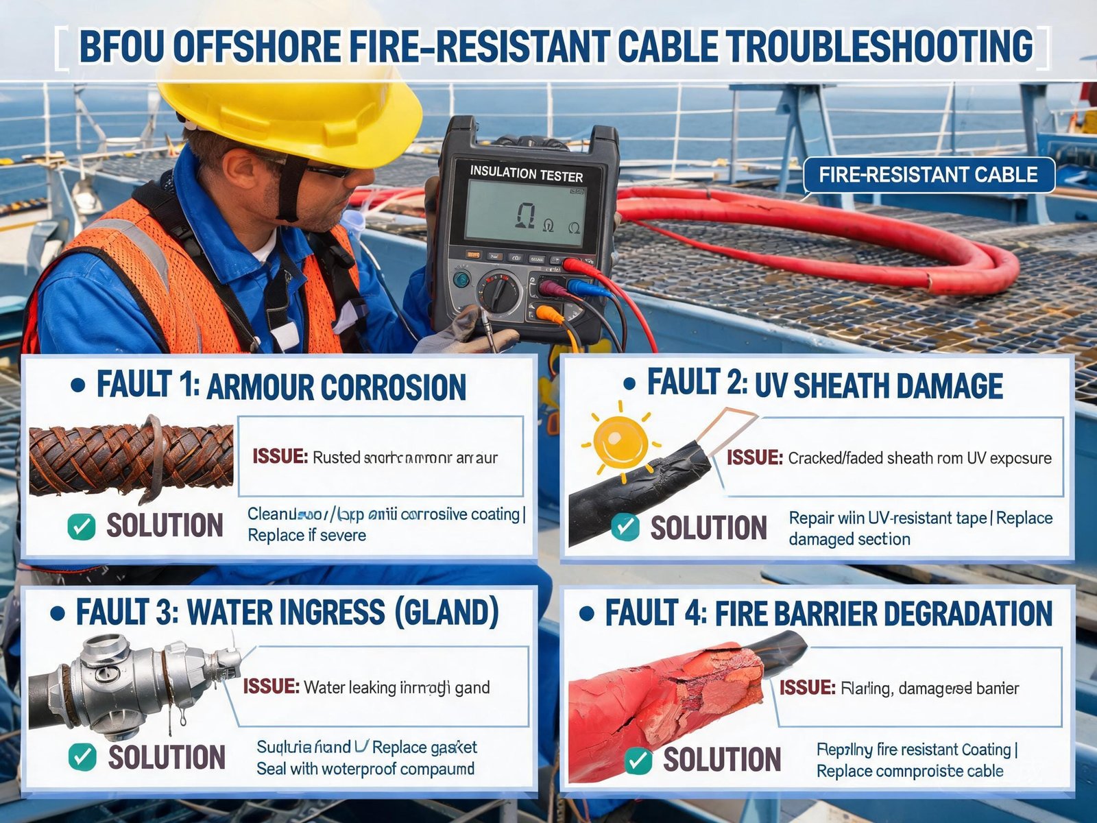 BFOU cable troubleshooting guide showing insulation resistance testing and common offshore cable failure diagnosis