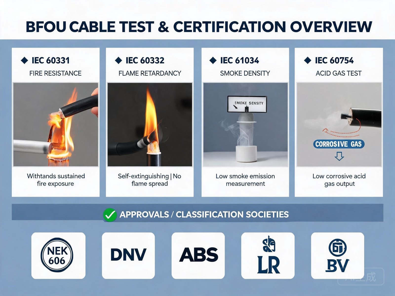 BFOU cable type test and certification overview showing IEC 60331 fire test and DNV ABS LR BV classification society approvals