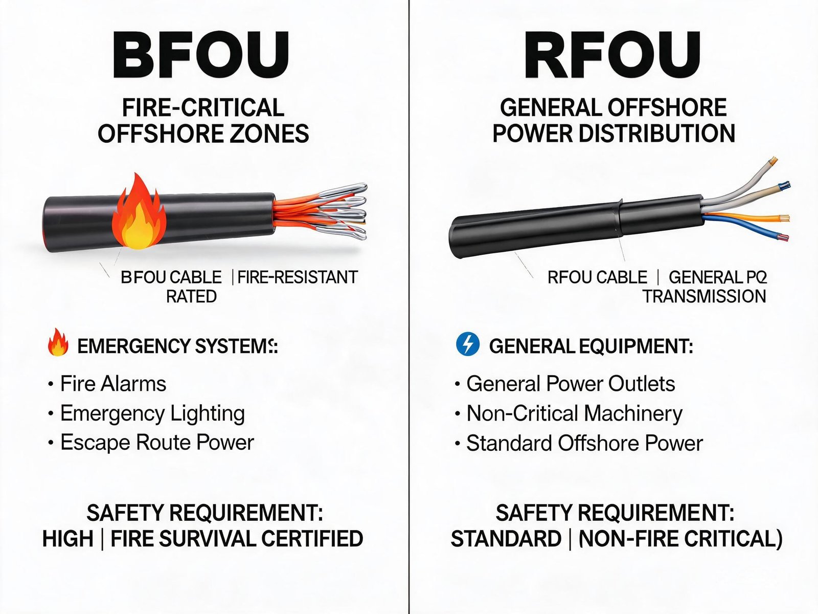 BFOU vs RFOU cable application comparison for fire-critical zones and general offshore power distribution