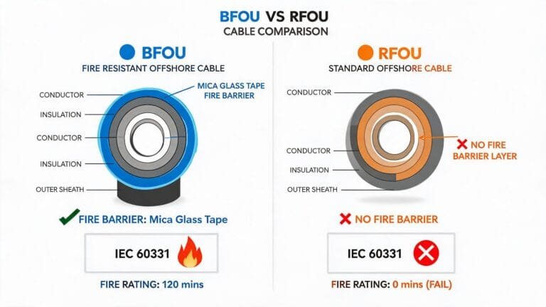 BFOU vs RFOU offshore power cable comparison showing fire resistant construction differences