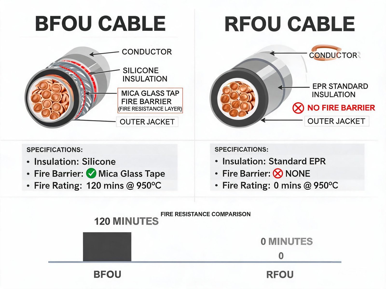 BFOU vs RFOU cable material comparison showing fire barrier and insulation differences