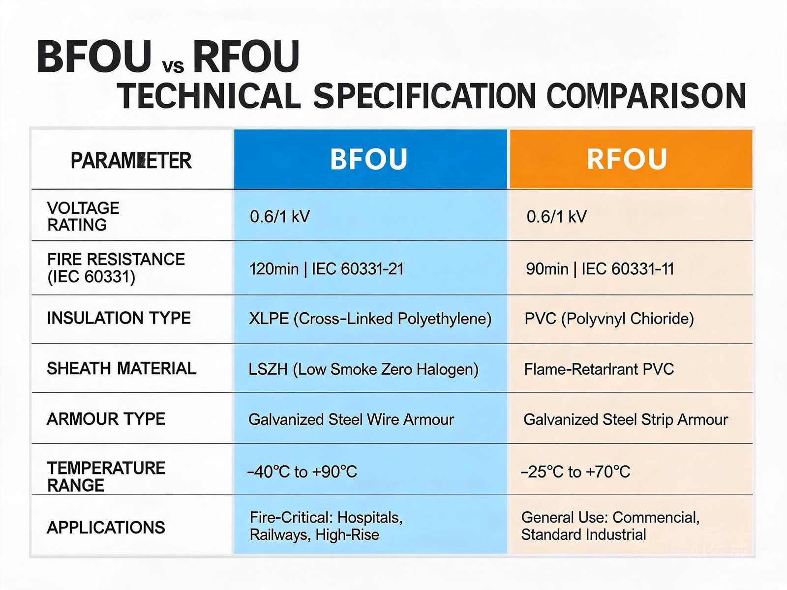 BFOU vs RFOU technical specification comparison table showing fire resistance insulation and construction differences