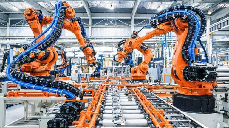 BUFLEX-M PUR cable industrial automation applications showing robotic arms and conveyor systems