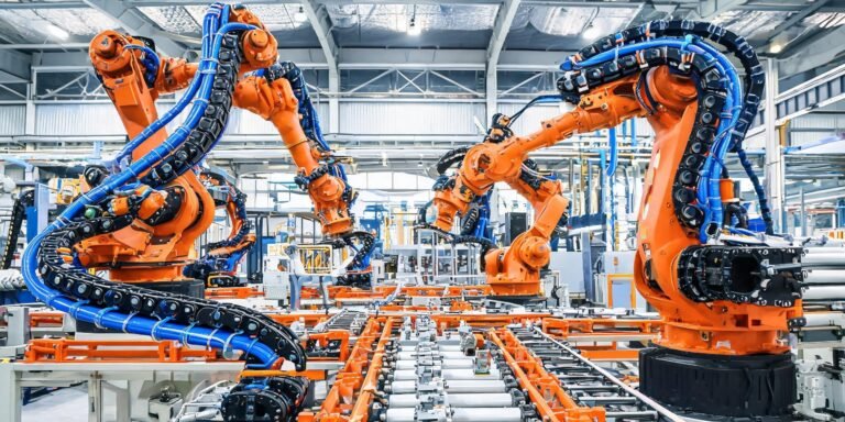 BUFLEX-M PUR cable industrial automation applications showing robotic arms and conveyor systems