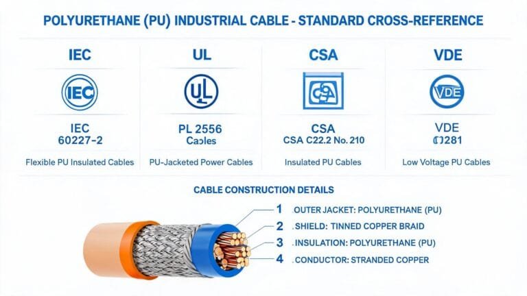 BUFLEX-M cable international equivalent cross-reference guide showing IEC UL CSA VDE standards