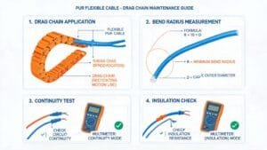 BUFLEX-M cable FAQ troubleshooting guide showing drag chain installation bend radius and maintenance procedures