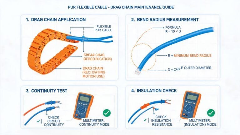 BUFLEX-M cable FAQ troubleshooting guide showing drag chain installation bend radius and maintenance procedures