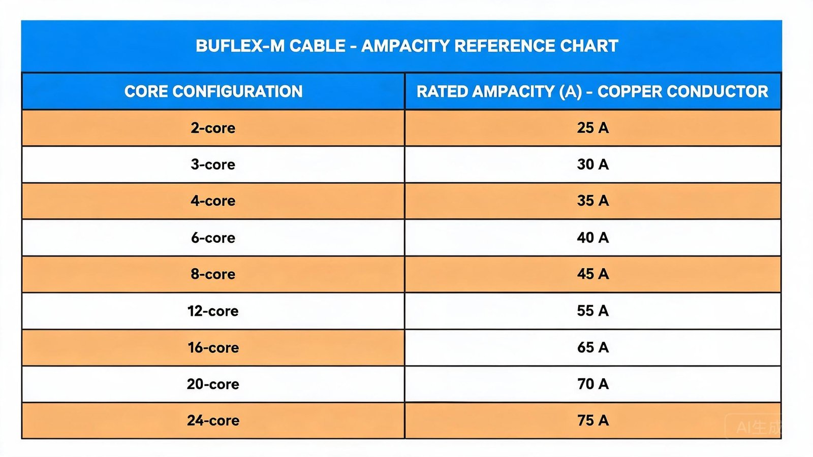 BUFLEX-M cable configuration and ampacity reference chart showing core configurations from 2 to 24 cores with current ratings