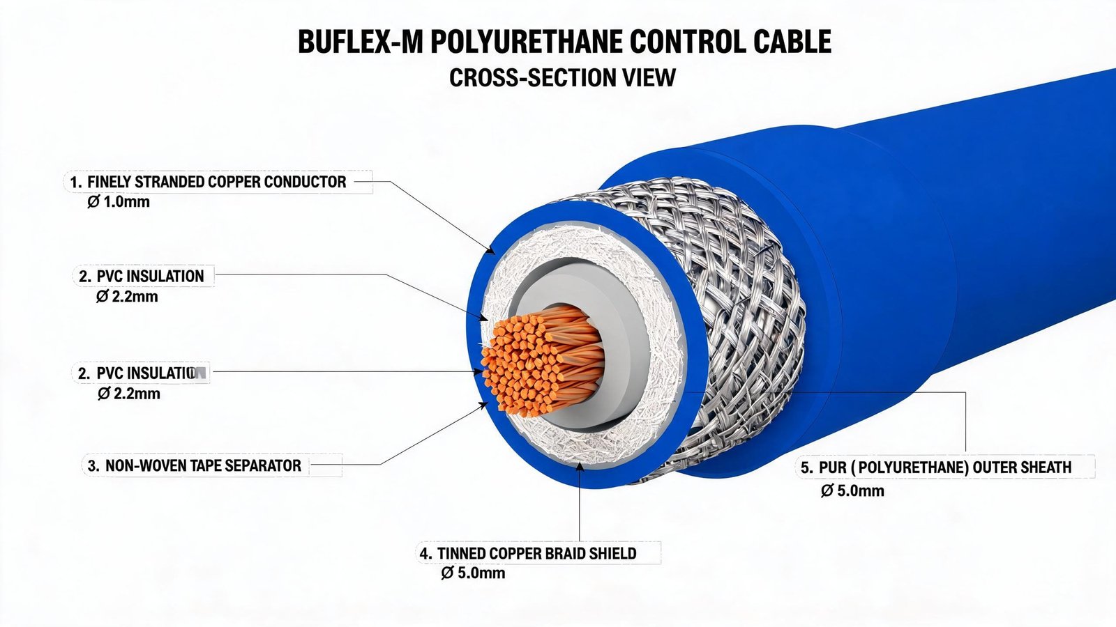 BUFLEX-M polyurethane cable construction cross-section showing finely stranded copper conductor PVC insulation tinned copper braid shield and PUR outer sheath layers