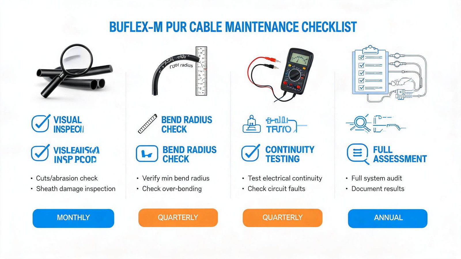 BUFLEX-M PUR cable maintenance inspection checklist infographic showing visual inspection bend radius check continuity testing and full assessment with frequency schedule