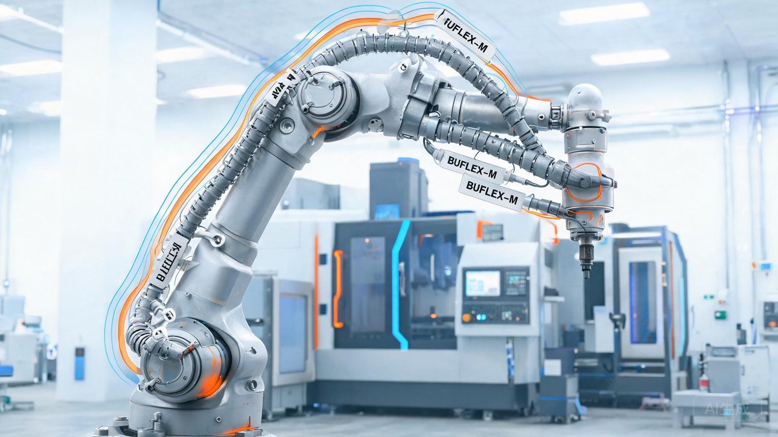 BUFLEX-M polyurethane flexible control cables routed along industrial robotic arm showing continuous flexing motion in factory automation