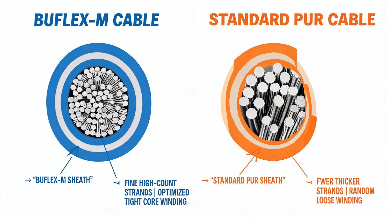 BUFLEX-M vs standard PUR cable construction comparison cross-section showing fine stranding optimized core winding versus fewer strands random winding