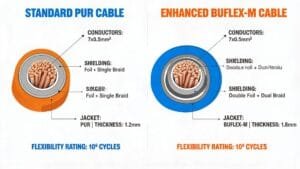 BUFLEX-M vs standard PUR cable comparison infographic showing construction flexibility and oil resistance differences