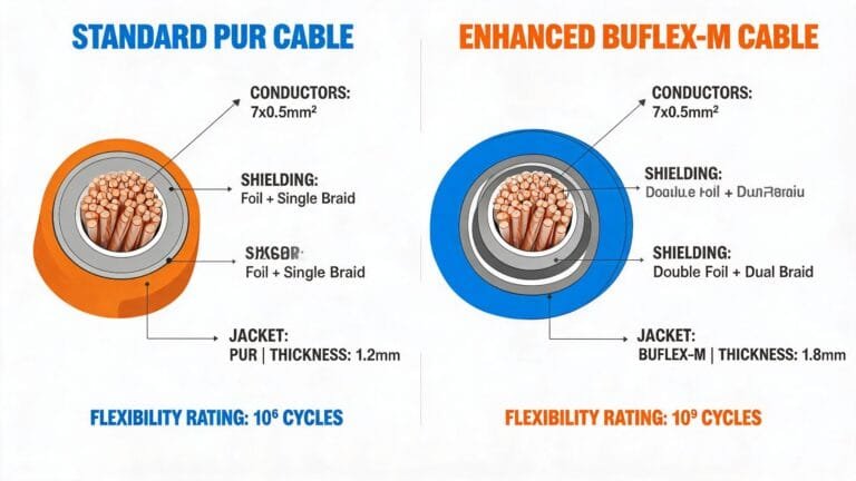 BUFLEX-M vs standard PUR cable comparison infographic showing construction flexibility and oil resistance differences