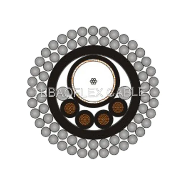Coax armoured tow cable cross-section with double galvanized steel wire armour
