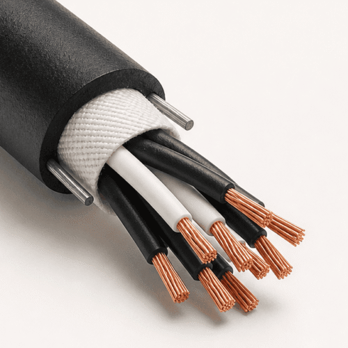 Crane 2ST Pendant Cable – PVC Control Cable with Steel Support Elements Crane 2ST pendant cable with black PVC sheath, textile wrapping and integrated steel support elements