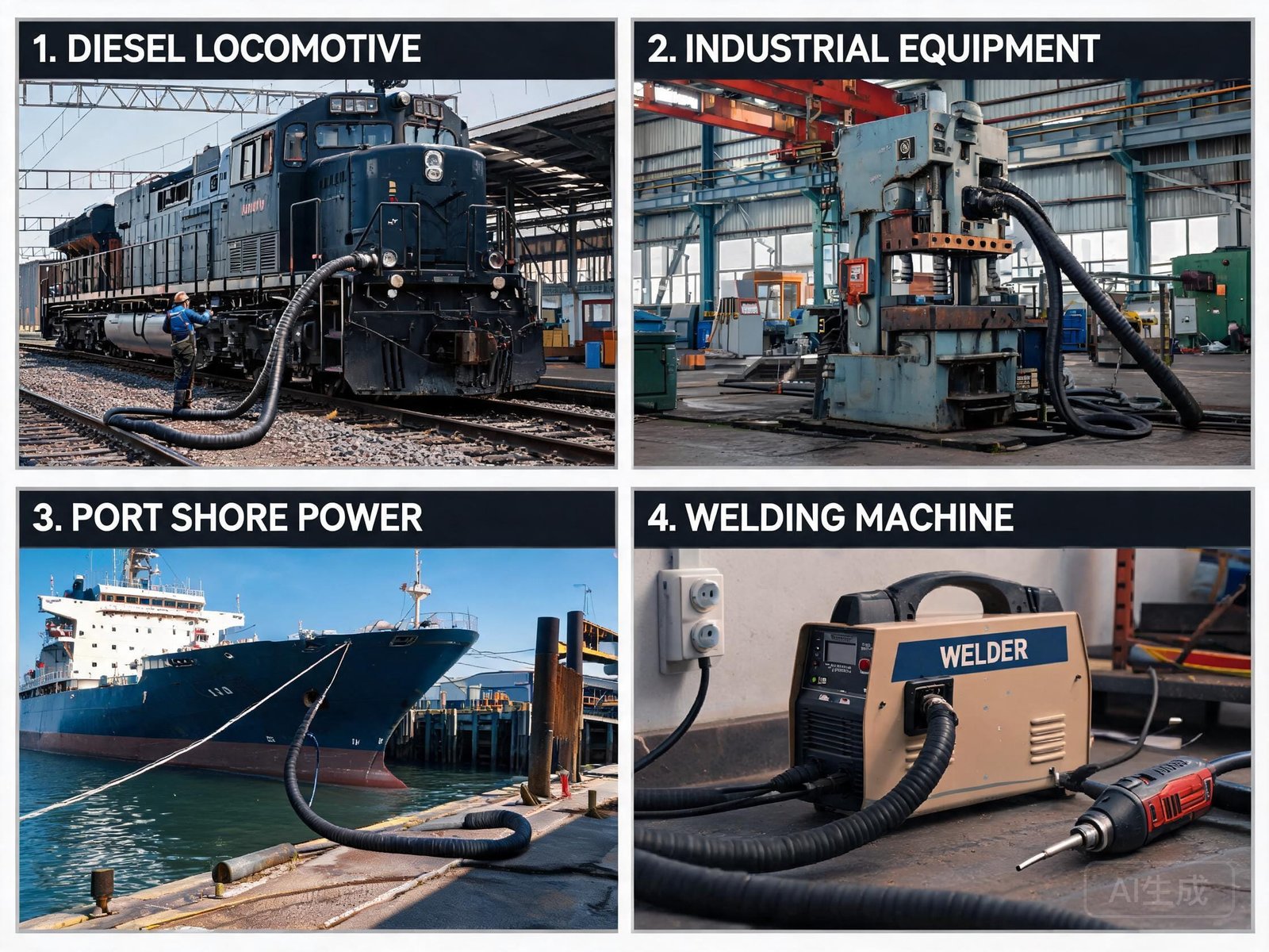 DLO cable locomotive and industrial applications showing diesel locomotive power connection and heavy-duty equipment power supply