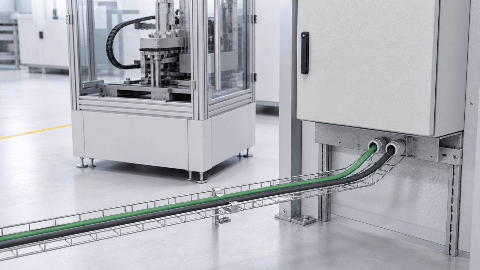 Flexible industrial control cables routed to an automation control cabinet showing BUFLEX-M PUR cable installation