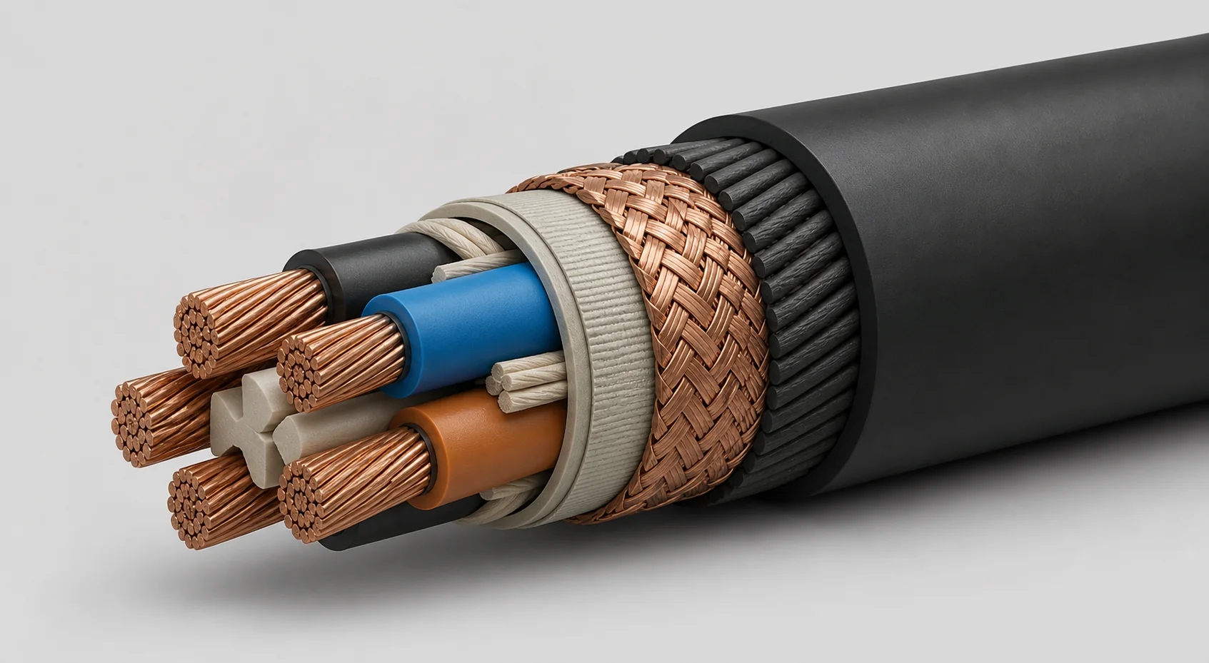 Cutaway of a flexible mobile cable showing stranded conductors, insulation, shielding and outer sheath