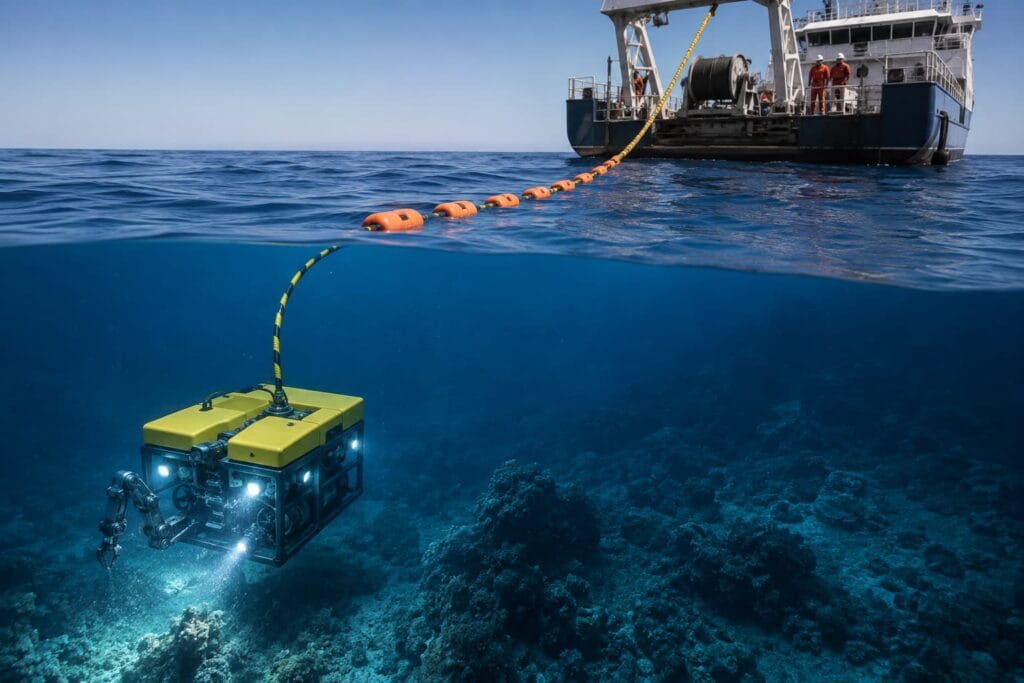 Floating cable connected to an ROV for subsea inspection and marine operations