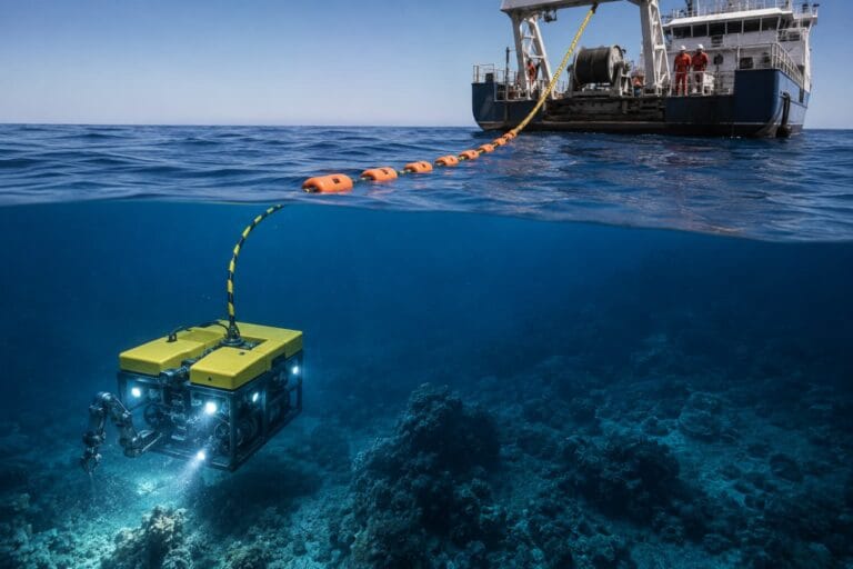 Floating cable connected to an ROV for subsea inspection and marine operations