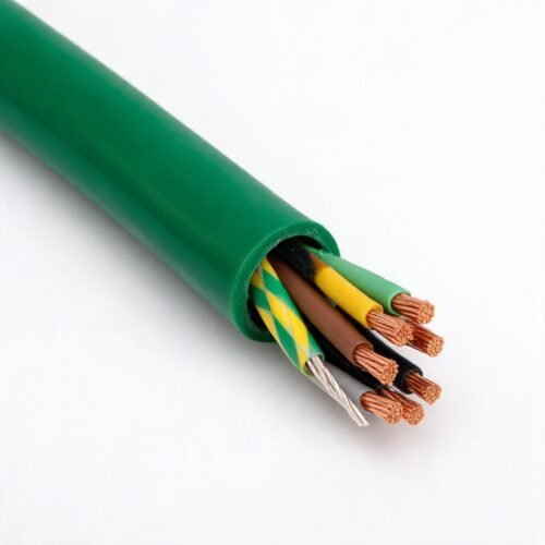 gpm-rf-pur-reeling-cable-tebaoflex-v2 TEBAOFLEX GPM-RF Heavy Duty PUR Reeling Cable 0.6/1 kV - green polyurethane sheath stripped to show flexible copper conductors with colored insulation for random winding and monospiral reels
