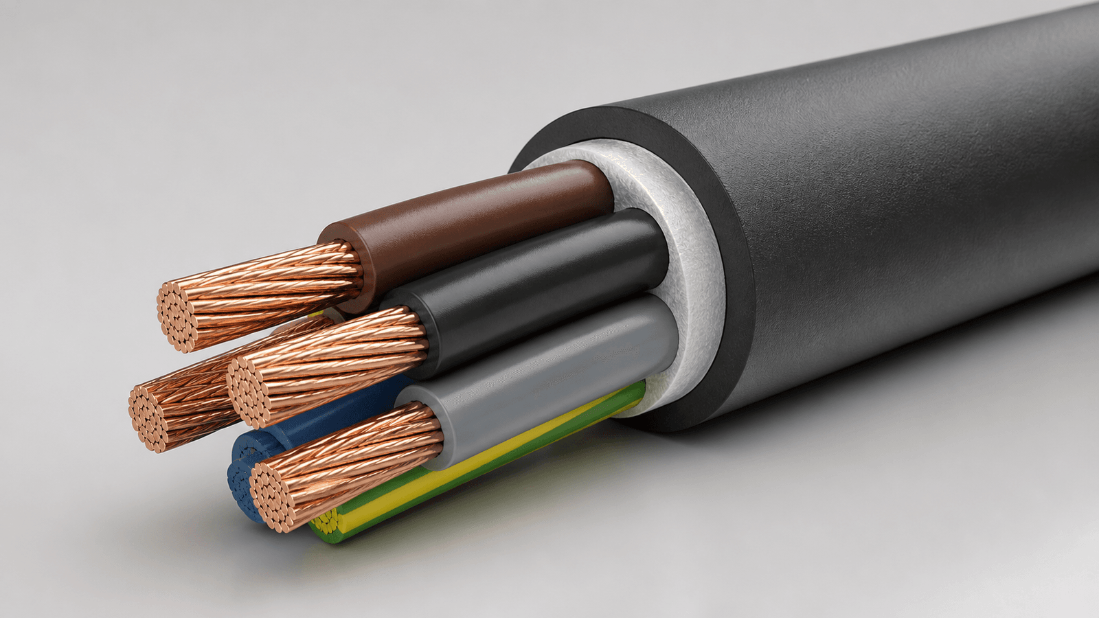Flexible PUR power cable cutaway with fine stranded copper conductors