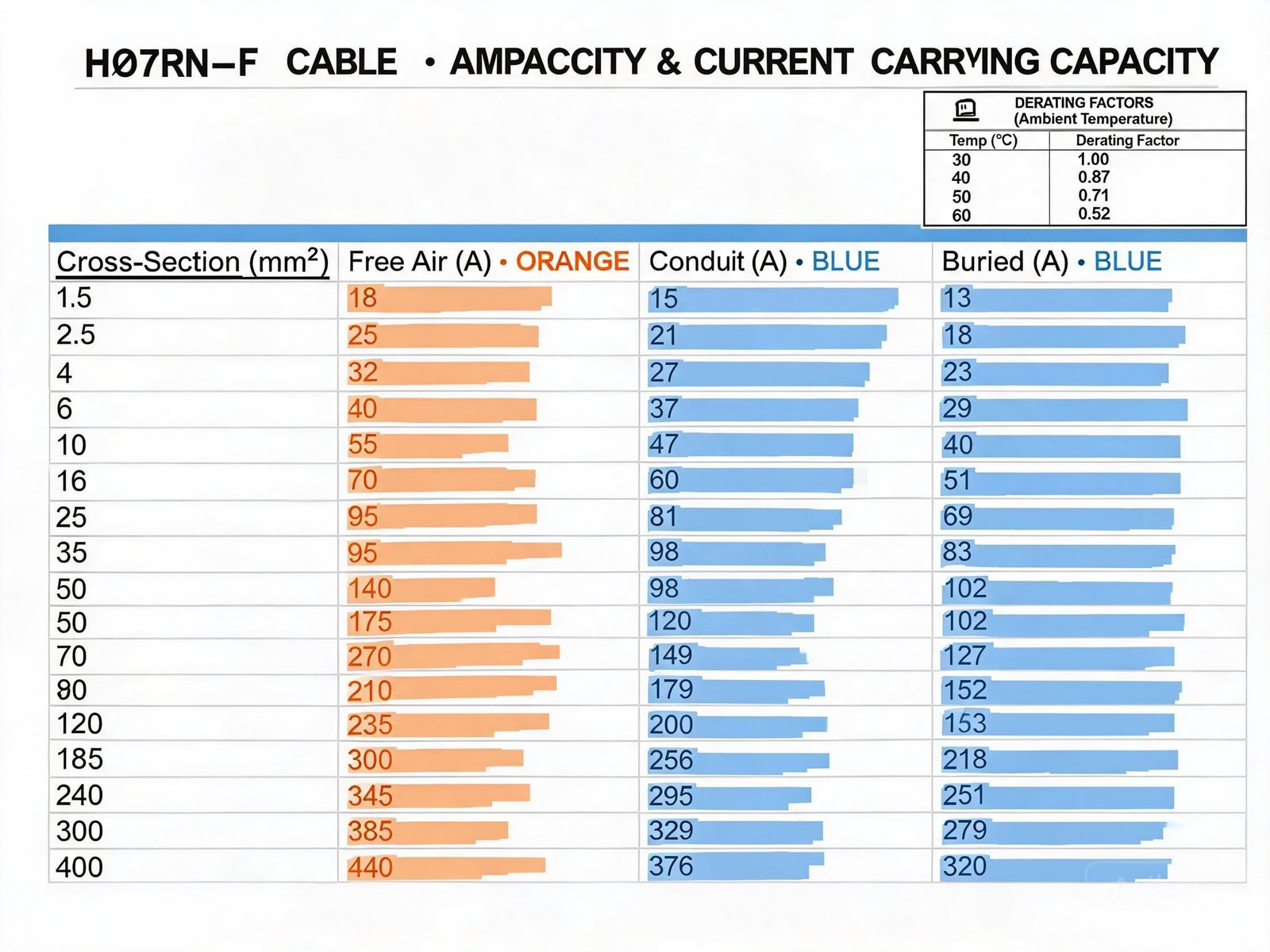 H07RN-F cable ampacity chart showing current carrying capacity by conductor cross-section size from 1.5mm2 to 95mm2 with derating factors