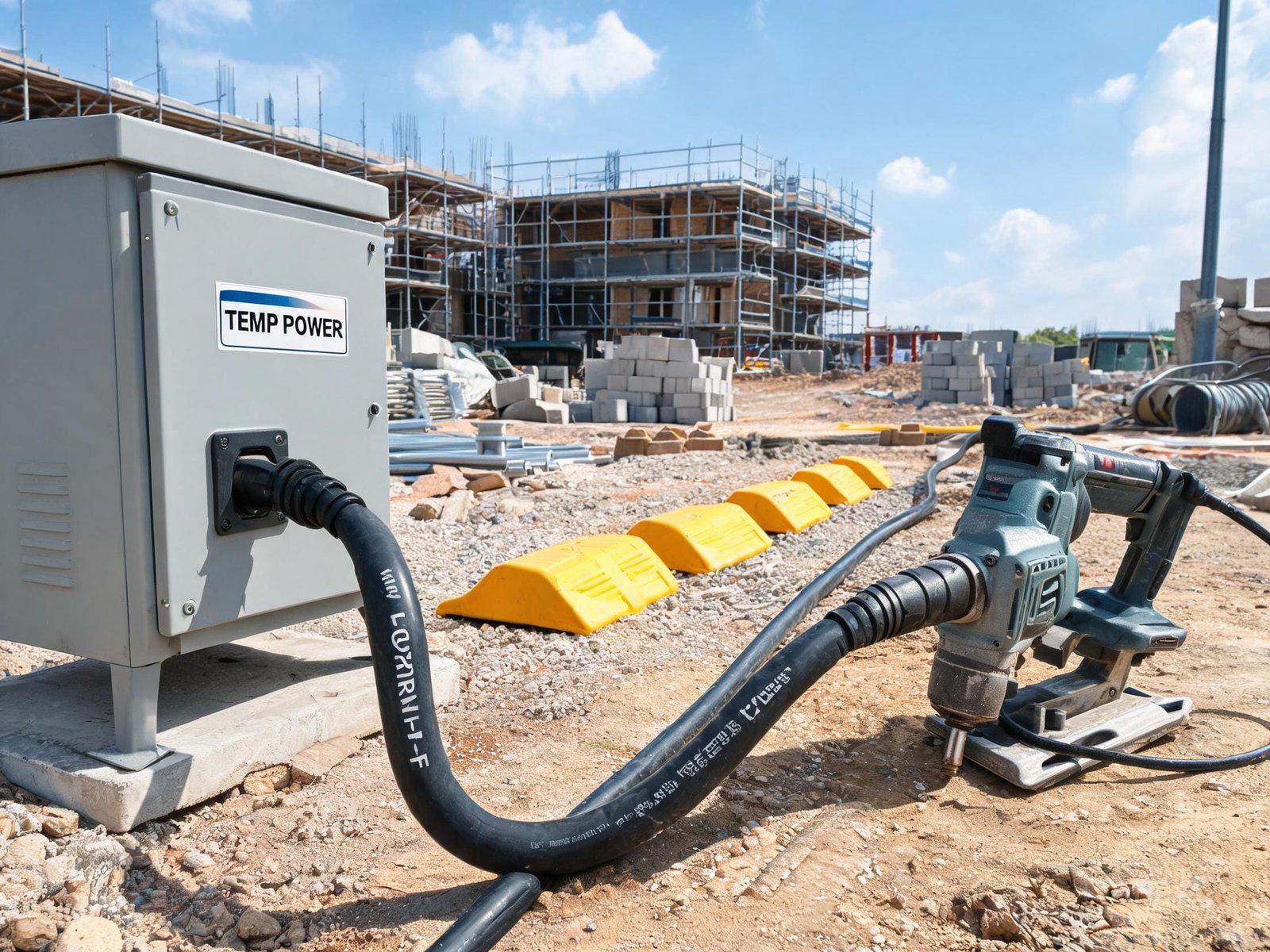 H07RN-F rubber cable providing power distribution on construction site with temporary electrical supply box and power tools