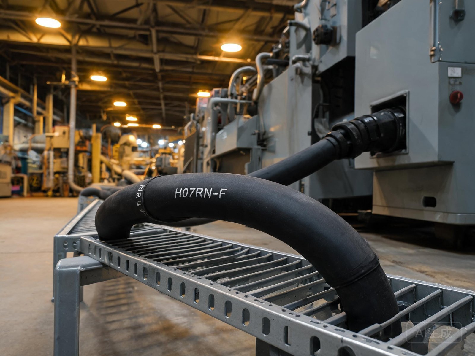 H07RN-F rubber cable installed in industrial factory connecting heavy machinery and equipment along cable tray